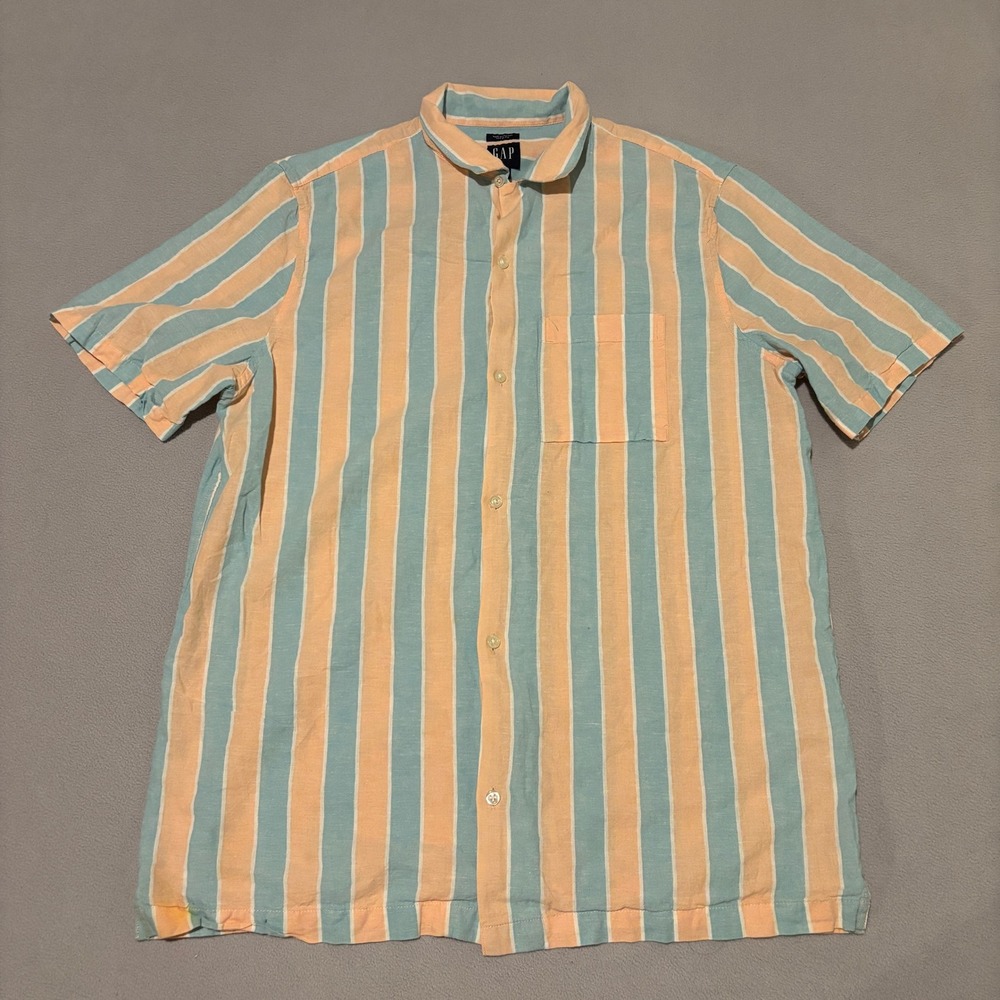 Gap Mens Large Tall Linen Blend Short Sleeve Striped Shirt Beach‎ Lightweight